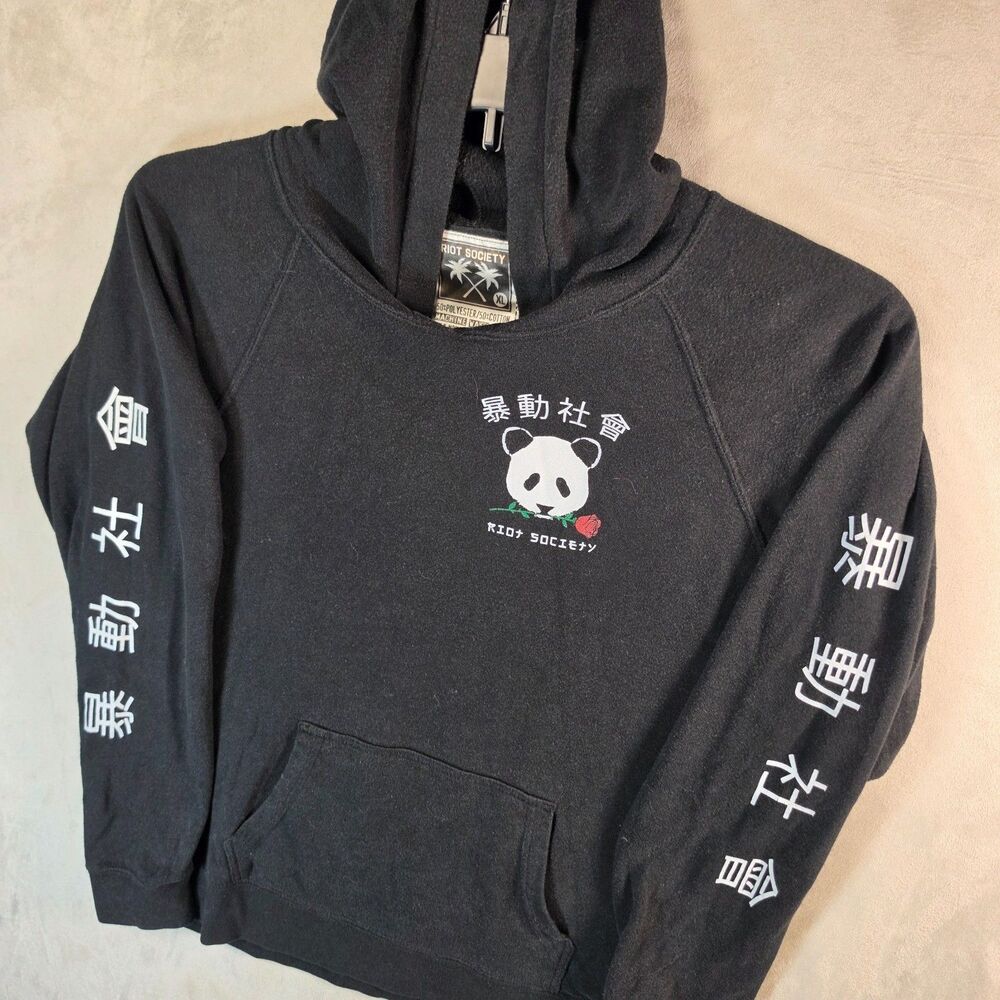 Riot Society Panda Rose Graphic Hoodie Black Pullover Men's Size XL See Desripti